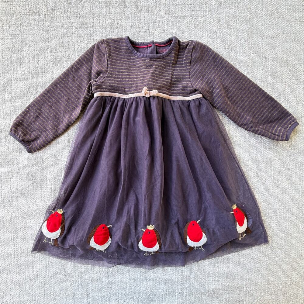 Mini Boden Purple & Bird Applique Tulle Skirted Sweater Dress VGUC 2/3